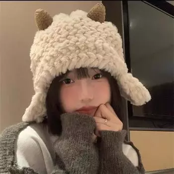 Уличная шапка из ягненка, женская, осень и зима, милая плюшевая шапка Lei Feng, показывает маленькое лицо, сохраняет тепло, утолщенная защитная шапка для ушей, большая окружность головы M56-58cm розовый