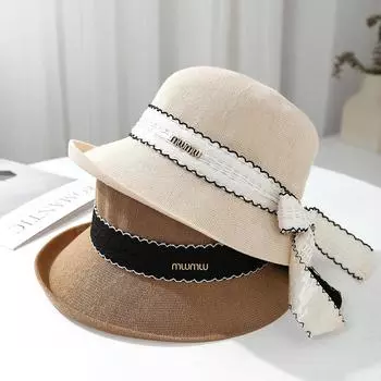 Уличная шляпа-котелок 2025 года с небольшим ароматом для детей, летняя модная соломенная шляпа с бантом, пляжная шляпа для отдыха на море M56-58cm чёрный