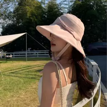 Уличная шляпа рыбака с большими полями, защита от солнца, детская, весна 2025, новая синяя шляпа с бантом, пляжная шляпа для купания M56-58cm чёрный