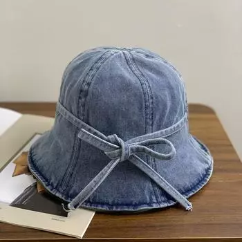 Уличная шляпа-ведро с бантом, закрывающая лицо, женская модная шляпа из стираного денима в стиле ретро, летняя шляпа для защиты от солнца M56-58cm синий