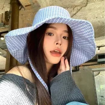 Уличная шляпа-ведро с большими полями в синюю клетку, женская, весна-лето 2025, новая солнцезащитная шляпа с изображением умывальника M56-58cm чёрный