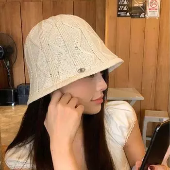 Уличная шляпа-ведро с геометрическим узором, женская летняя солнцезащитная вязаная шапка, простая металлическая стандартная шляпа-ведро, универсальная шляпа для бассейна M56-58cm бежевый