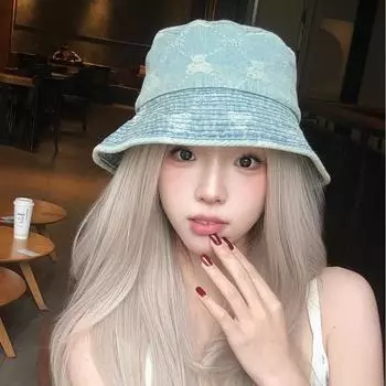 Уличная шляпа-ведро в стиле ретро из потертого денима с медведем, женская весенняя шляпа с большой окружностью головы, универсальная шляпа-ведро M56-58cm чёрный