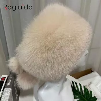 Уличная теплая роскошная женская шапка, пушистая шапка из натурального лисьего меха, пушистая снежная шапка с шариками, женская популярная шапка из 100% натурального меха 55to62cm