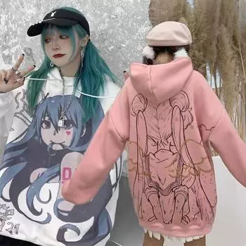 Уличная толстовка Kawaii для женщин, зимняя винтажная толстовка большого размера с принтом, розовая женская бархатная толстовка в стиле аниме, женские теплые топы S розовый