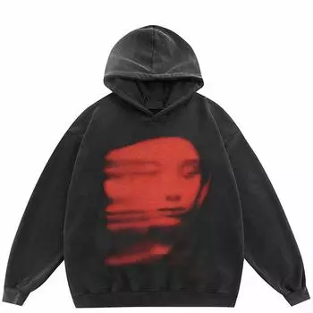 Уличная одежда Ретро Красное Лицо Графика Унисекс Мытый Черный Крупногабаритный пуловер унисекс с капюшоном и длинными рукавами S