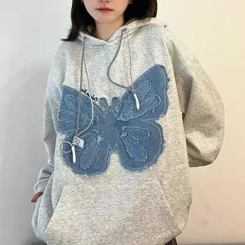 Уличная толстовка с капюшоном, женская винтажная Свободная толстовка с длинным рукавом, лоскутная толстовка с капюшоном, осень-зима, модное плюшевое пальто S серый