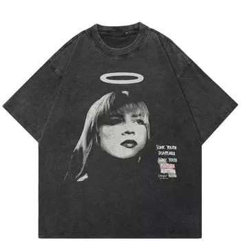 Уличная женская графическая стираная черная футболка из хлопка унисекс, топы, футболки, летние футболки с короткими рукавами S чёрный