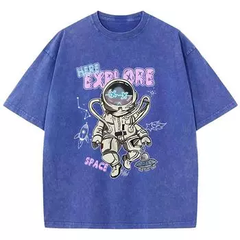 Уличная женская хлопковая выстиранная футболка Здесь Исследуй Космос Принты Астронавтов Принт Футболка Свободные Топы Повседневная Женская Одежда S