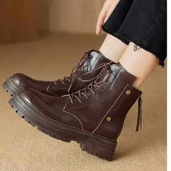 Уличная женская обувь Женские ботинки из натуральной кожи Осенне-зимние теплые женские ботинки с молнией сзади Ретро плиссированные мотоциклетные ботинки 35 коричневый