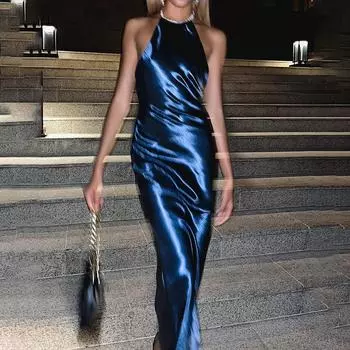 Уличное атласное платье-халтер Летнее сексуальное платье с поясной сумкой на бедрах S синий