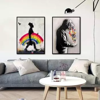 Уличное граффити, мальчик с радугой в руках, настенная живопись, плакат, эстамп, современное популярное украшение дома, масляная живопись, настенное искусство 21*30cm No Frame