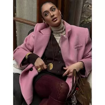 Уличное розовое элегантное шерстяное пальто для женщин, модное, с лацканами, с длинным рукавом, на пуговицах, свободные куртки, осень-зима, толстая теплая женская верхняя одежда S розовый