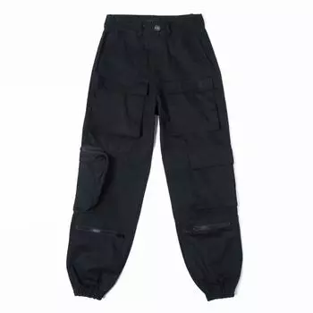 Уличные брюки с высокой талией в стиле сафари, женские лоскутные брюки-хиппи с карманами, однотонные повседневные мешковатые брюки-карго, черные L чёрный
