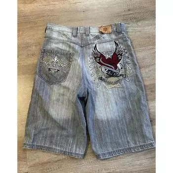 Уличные джинсы, новые модные свободные джинсовые шорты с вышивкой, мужские шорты Y2K Harajuku Retro, популярные повседневные шорты с высокой талией S