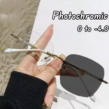 Уличные фотохромные очки с защитой от синего света, изменяющие цвет высокой четкости, очки для близорукости, безрамные очки для близорукости с обрезанными краями 0