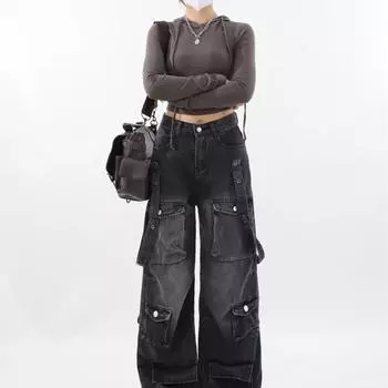 Уличные готические джинсы Ретро черные комбинезоны Женские уличные повседневные свободные широкие брюки Ковбойские прямые джинсы с высокой талией для пар S чёрный