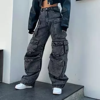 Уличные хипстерские брюки сшиты со множеством карманов, стильные прямые свободные повседневные джинсы с высокой талией и широкими штанинами S серый