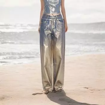 Уличные хипстеры Bronzing Design Sense Высокая талия Прямые джинсы Женские весенние ретро-модные широкие брюки XL