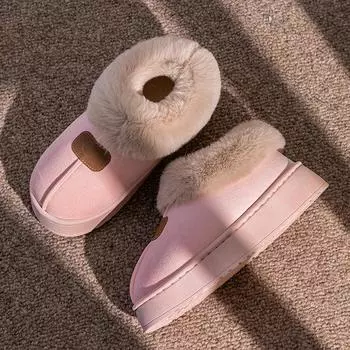 Уличные хлопковые туфли тапочки плюшевые противоскользящая подошва толстая подошва вышивка модные пушистые теплые тапочки 36-37 розовый