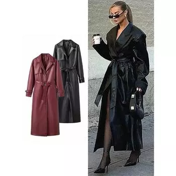 Уличные кожаные длинные куртки женские свободные лацканы однобортные ремни ПУ пальто женские осенние длинные рукава однотонные верхняя одежда леди S красный