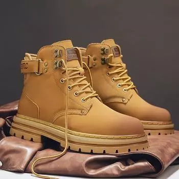 Уличные кожаные мужские ботинки без застежек на платформе, роскошные брендовые мужские зимние плюшевые ботинки для снега, модные универсальные мужские ботинки для мотокросса 35 жёлтый
