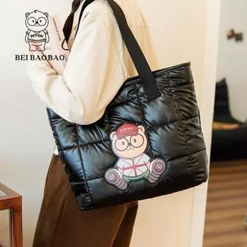 Уличные модные клетчатые женские сумки-тоут с рисунком милого медведя из хлопка, женская сумка, повседневные универсальные сумки на одно плечо для женщин, мамы среднего возраста, подарки чёрный