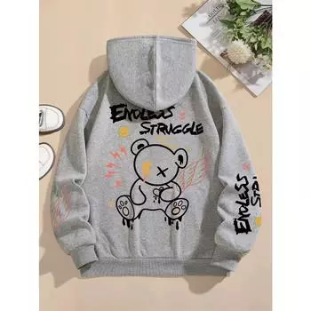 Уличные мужские и женские толстовки Endless Struggle Graffiti Bear Printed Hoodie Loose Pullover Sweatshirt Casual S серый
