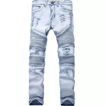Уличные мужские мотоциклетные рваные джинсы облегающие эластичные леггинсы джинсовые брюки мужские 38 светло-синий