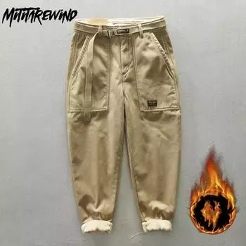 Уличные мужские зимние брюки сохраняют тепло в японском стиле, брюки-карго, хлопковые однотонные флисовые мешковатые брюки с поясом, повседневные утолщенные мужские брюки 29 серый