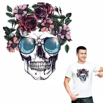 Уличные наклейки с черепами на мотоцикле, нашивка с цветочным черепом, футболка, украшение для джинсов, сделай сам, моющаяся нашивка для теплопередачи для одежды 7.2*8cm