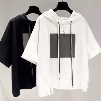 Уличные повседневные футболки с капюшоном и короткими рукавами, контрастные лоскутные свободные однотонные топы со шнуровкой, винтажная модная женская одежда, лето, новинка L чёрный