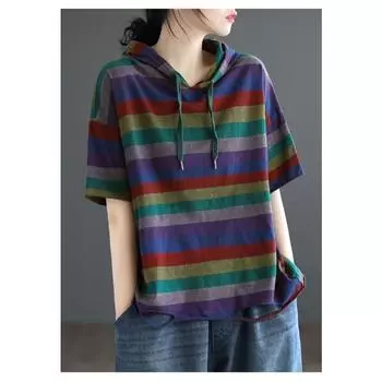 Уличные повседневные свободные топы с капюшоном, летние с коротким рукавом, в полоску, большие размеры, универсальные винтажные футболки, модная трендовая женская одежда XXXXXL зелёный