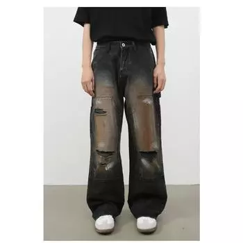 Уличные ретро-джинсы Lumberjack мужские уличные свободные прямые брюки с дырками Прямые свободные джинсы для мужчин Модные и удобные брюки S черный серый