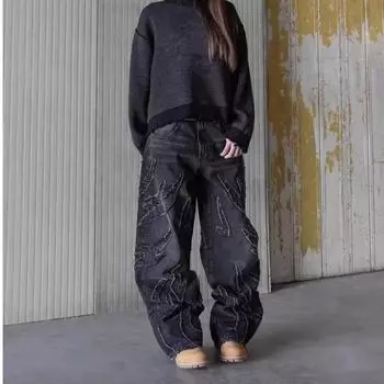 Уличные ретро-джинсы с необработанным краем и вышивкой, черные джинсы для женщин, модные хип-хоп-мешковатые брюки из денима в стиле пэчворк для женщин, брюки с высокой талией S чёрный