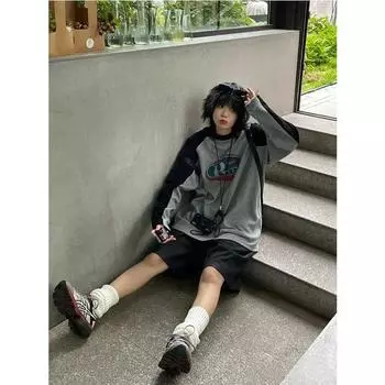 Уличные ретро женские футболки осенние свободные женские повседневные футболки с лоскутным принтом Harajuku с длинным рукавом All Match Chic женские топы S чёрный