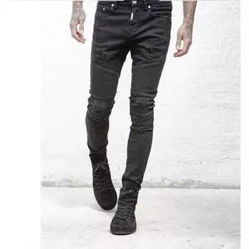 Уличные рваные трехмерные узкие эластичные джинсы для мотоциклистов 28 чёрный