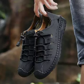 Уличные сандалии, мужские дышащие повседневные туфли для мужчин, летние пляжные кроссовки, мужские повседневные кожаные сандалии большого размера 48 38 чёрный