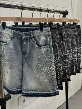 Уличные шорты Y2K Джинсы Мужские Женские Harajuku Хип-хоп Готические Каменные Ретро Свободные Джинсовые Шорты Фитнес Повседневные Баскетбольные Шорты S чёрный