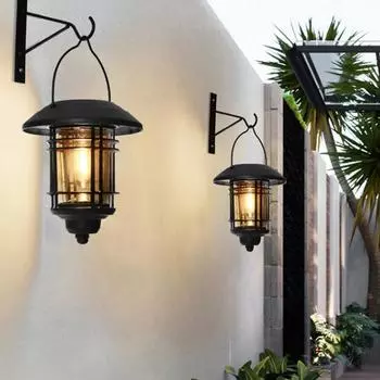 Уличные солнечные светильники ретро фонарь подвесной настенный светильник водонепроницаемый старинный металлический солнечный садовый светильник вилла крыльцо вольфрамовая лампа чёрный