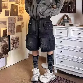 Уличные свободные потертые винтажные карманы женские рабочие джинсовые шорты с высокой талией прямые брюки XXXXL чёрный