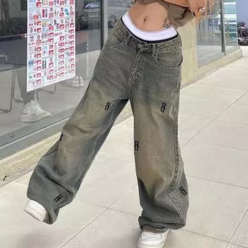 Уличные свободные повседневные широкие женские джинсы в стиле хип-хоп с низкой талией в стиле ретро S серый