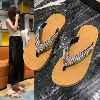 Уличные тапочки со стразами женские летние плоские подошвы с ромбовидной поверхностью пляжная мода досуг тренд классные тапочки шлепанцы носок 35 чёрный