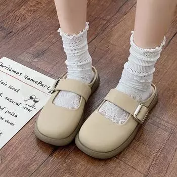 Уличные тапочки женские летние плоские мюли модная новинка женская обувь 2024 сандалии с металлическими украшениями пряжка тапочки толстая подошва EUR 35 бежевый