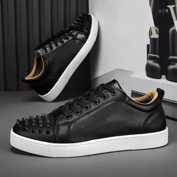 Уличные тренды Мужская повседневная обувь Rivets Мужская обувь для скейтбординга Vulcanize Shoes 2025 Новый дизайн Мужские туфли на плоской подошве Кроссовки из натуральной кожи 39 белый