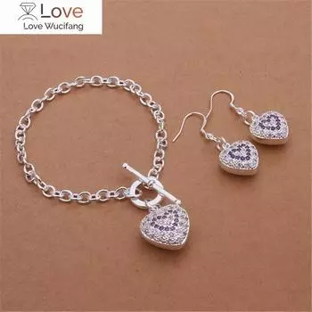 Уличные универсальные серьги из стерлингового серебра 925 пробы с романтическим сердцем и кристаллами, браслеты, комплекты украшений для женщин, модные, вечерние, свадебные, подарок