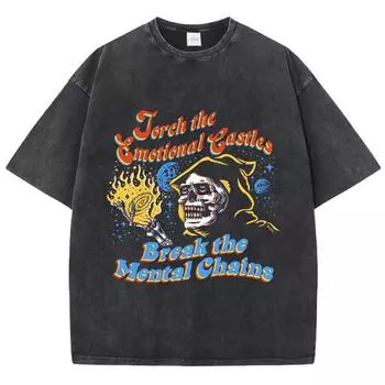 Уличные женские футболки с вареным эффектом, футболки с винтажным принтом скелета ведьмы, удобные хлопковые футболки оверсайз, летняя одежда S