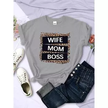 Уличные женские футболки Жена Мама Босс Надпись Леопардовые принты Футболки Мягкие Дышащие С круглым вырезом Короткий рукав Летняя Повседневная Женская одежда XS