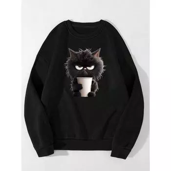 Уличные женские толстовки с капюшоном с принтом черного кота и бумажного стаканчика, удобные универсальные пуловеры с круглым вырезом, свободные женские топы S