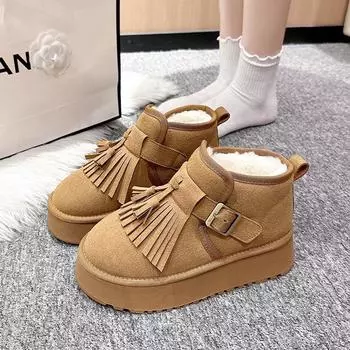 Уличные зимние женские короткие плюшевые теплые зимние ботинки повседневная обувь новые замшевые меховые ботинки челси ботильоны на плоской подошве женская обувь на платформе 35 чёрный